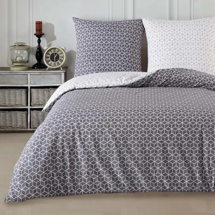 Buymax Bettwäsche Bettbezug Set Sillage 100% Baumwolle, Renforce: 100% Baumwolle, 3 teilig, mit Reißverschluss, modern gestreift, Grau Weiß, 200x220 cm – Bild 2