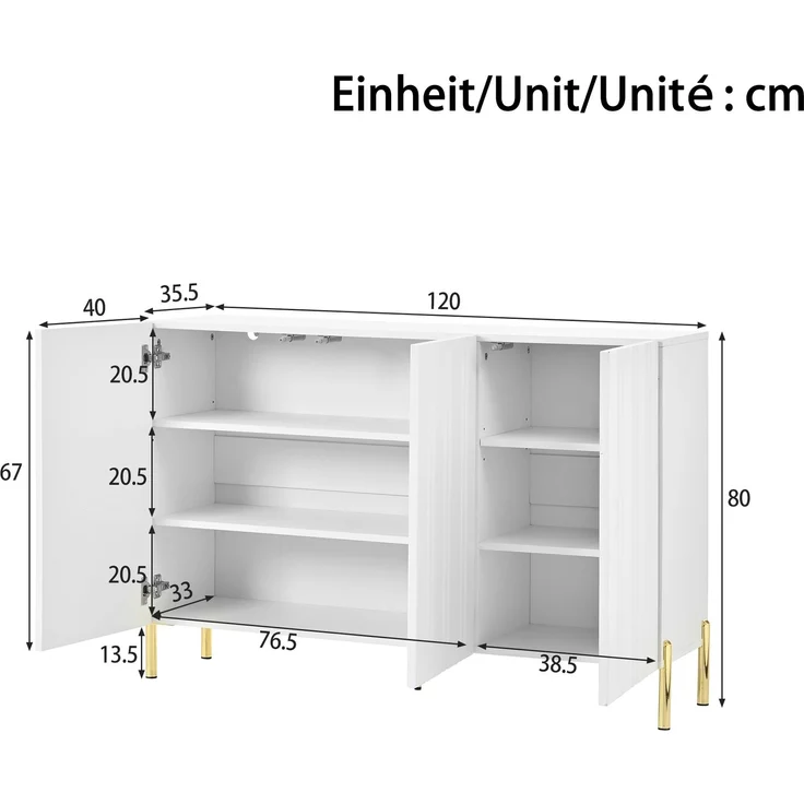 ZUBALIYA Schuhschrank 120 x 35,5 x 80 cm, mit 3 Türen, aus MDF / Spanplatte, Weiß – Bild 3