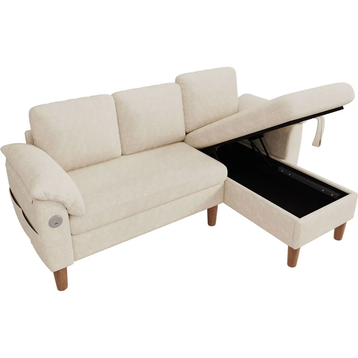 Merax L-förmiges Ecksofa, 3-Sitzer Sofa mit Stauraum-Chaiselongue, links/rechts montierbar, USB/Type-C-Ladeanschluss, Seitentasche, 2 halbfeste Armlehnenkissen, Chenille Stoff, Beige – Bild 10