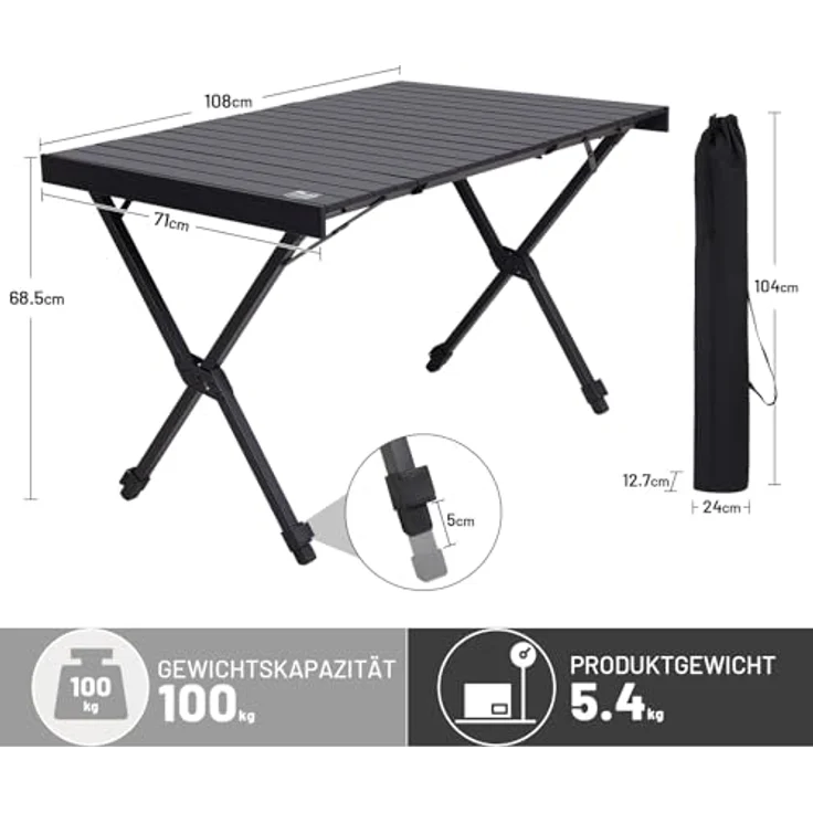 TIMBER RIDGE Campingtisch Klappbar Höhenverstellbar Klapptisch Camping Falttisch Tragbar Aluminium mit Tasche für Picknick Kochen Garten Wandern Reisen 108x71cm - Schwarz – Bild 3