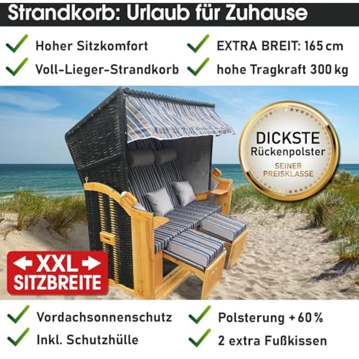 BRAST® Strandkorb Usedom 3-Sitzer XXL für 2-3 Personen | 165cm breit | 5 Designs | inkl. wetterfeste Abdeckhaube | verstellbare Rückenlehne Fußkissen | Braun/Blau - gestreift – Bild 7