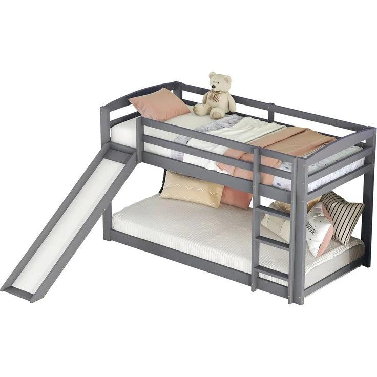 Etagenbett Kinderbett mit Rutsche 90x200 cm, Doppelstockbett für Jugendliche, platzsparendes Hochbett mit Geländer, Leiter beidseitig montierbar,Grau – Bild 6