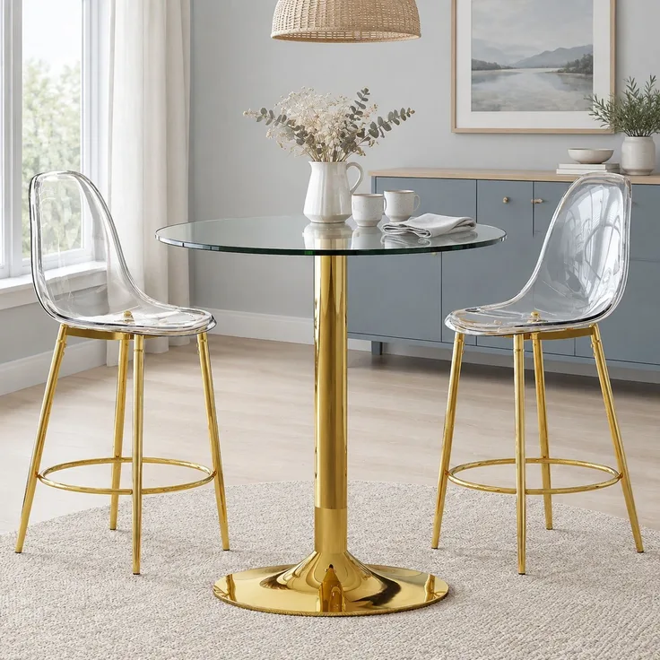 Esstisch-Set als Bartisch, 92x89x89 cm, Glas/Metall in Gold mit 2 transparenten Barhockern