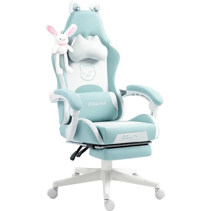 Dowinx Gaming Stuhl - Süße Katze Edition - Ergonomischer Computerstuhl mit Hoher Rückenlehne und Lendenwirbelstütze, PU-Leder, Fußstütze, Blau