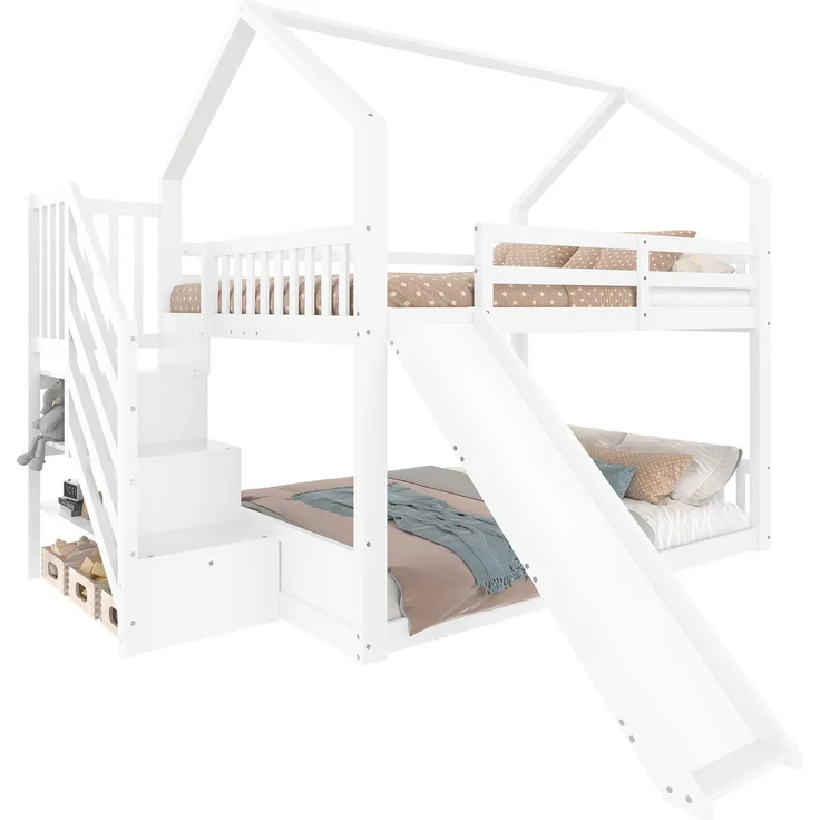 Etagenbett mit Stauraumtreppe und Rutsche, Hausbett(Ohne Matratze), Kinderbett mit Geländer,geeignet für Kinder, Jugendliche, 140x200 cm, Weiß – Bild 5