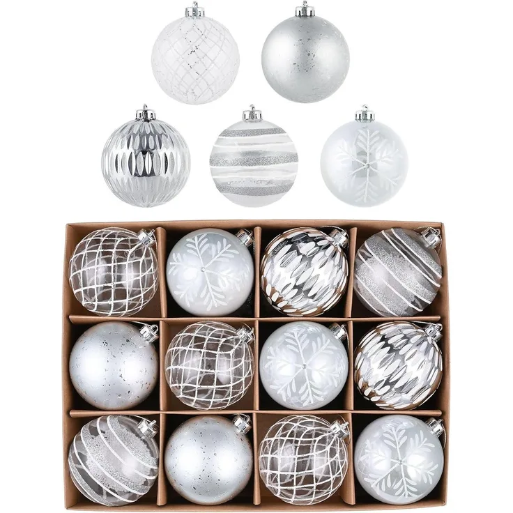 12er Set Victor's Workshop Weihnachtskugeln 8cm Transparent Silber