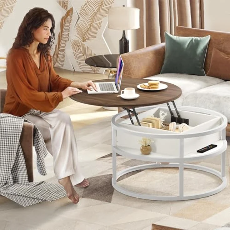 YITAHOME Couchtisch Rund mit Hebeplatte, Wohnzimmertisch mit verstecktem Ablagefach, Beistelltisch Rund mit Stauraum für Home Office, Runder Mitteltische Wohnzimmer, Weiße Eiche – Bild 6