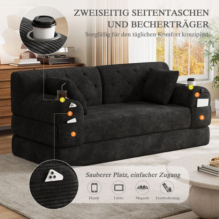TavilaEcon 2-Sitzer Schlafsofa, komprimiertes Cord Sofa mit hoher Rückenlehne schwarz 81 × 80 × 168 cm (H × T × B) – Bild 5