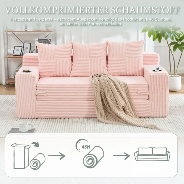 EINHOM Dreier-Sofa aus Baumwoll- und Leinenstoff, mit Getränkehalter und seitlichen Taschen, kann in drei Sitzplätze umgewandelt werden, rahmenloser Design mit gestrickten Kissen und Rückenlehne, großes Sitz – Bild 4