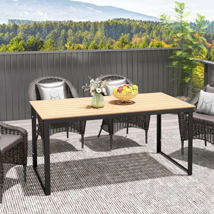 Outsunny Gartentisch, Teakfarbe mit Lamellen-Tischplatte, 80x75x160 cm, für 6 Personen, pulverbeschichtet, wetterfest – Bild 7