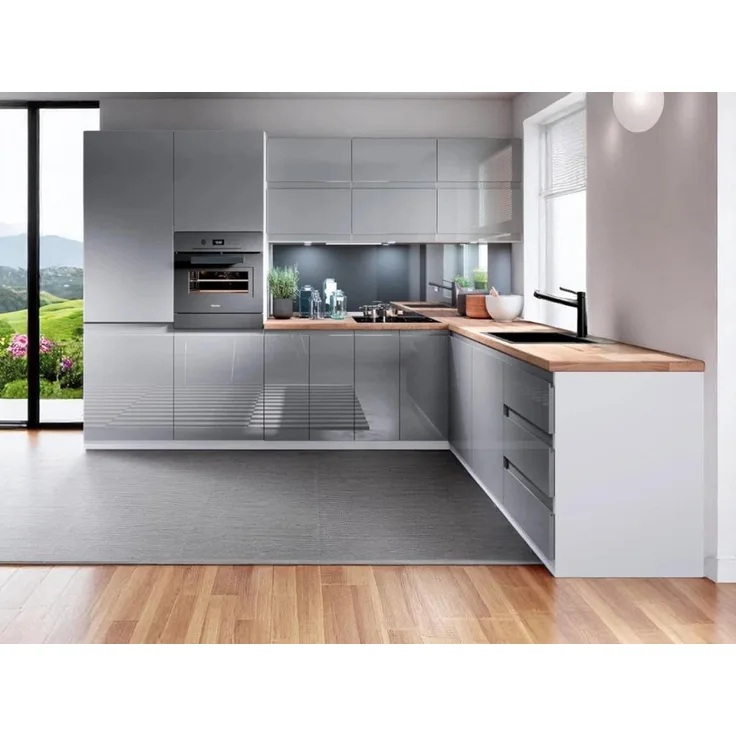 XXXL Winkelküche Aspen, Grau, L-Form 340x212x210 cm, ohne E-Geräte, Hochglanz MDF