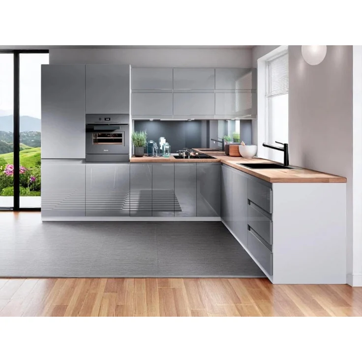 XXXL Winkelküche Aspen, Grau, L-Form 340x212x210 cm, ohne E-Geräte, Hochglanz MDF