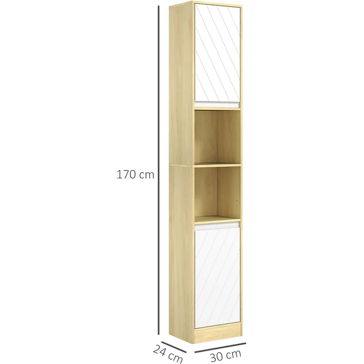 Gemütlicher Bad-Hochschrank 30 x 24 x 170 cm, 2 Türen, 1 Regal, 2 Nischen, Eiche hell, weiß – Bild 5