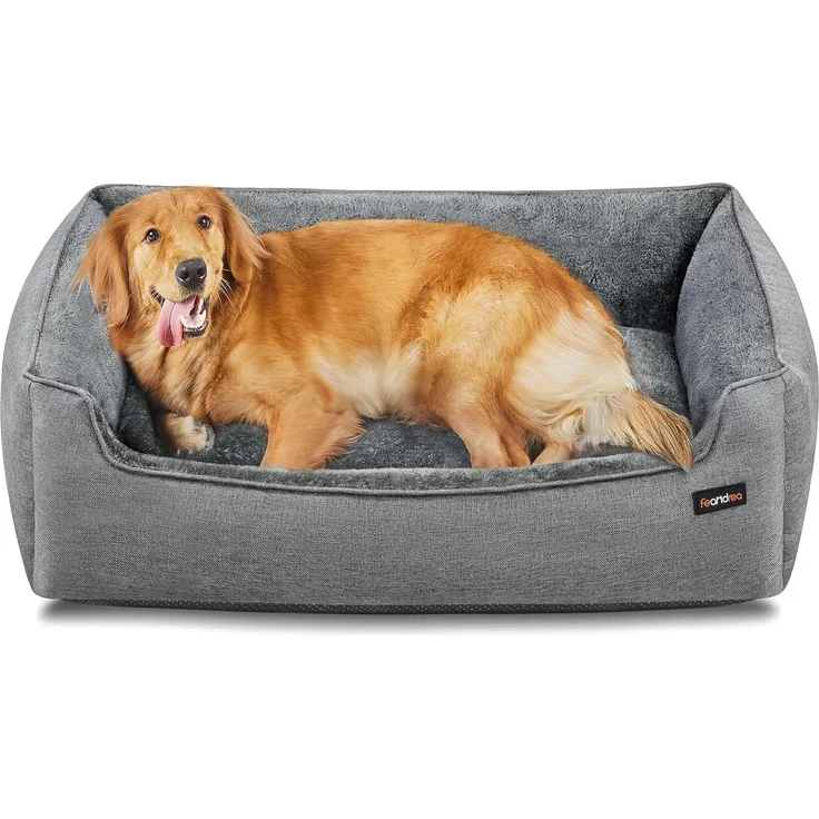Feandrea Hundebett, Hundekissen in Leinenoptik, Hundekorb, erhöhte Ränder, rutschfeste Unterseite, Bezug abnehmbar waschbar, XL, für große Hunde, 110 x 75 x 27 cm, hellgrau PGW12GG