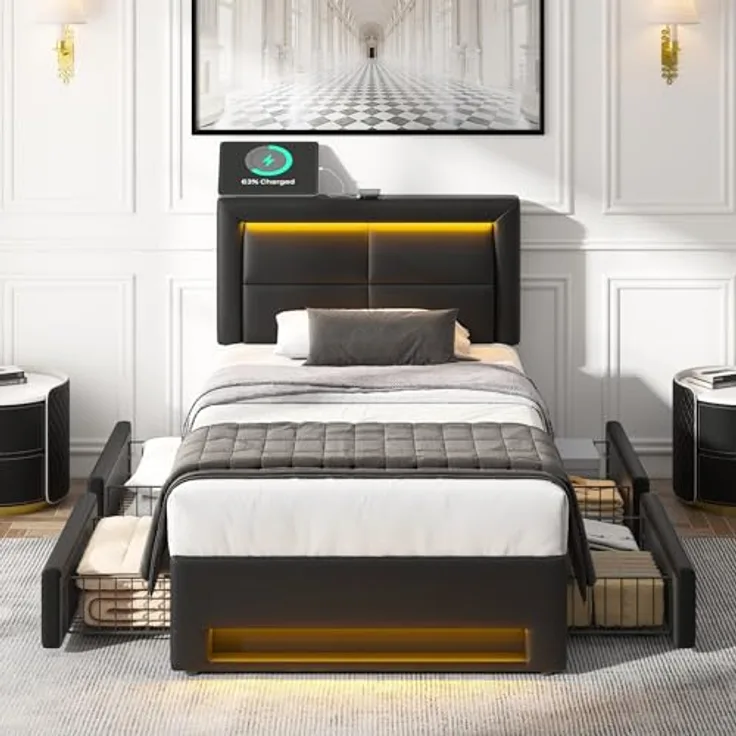 Ball & Cast Jugendbett (90x190 cm) mit 4 Schubladen, Stauraumbett mit Beleuchtung, USB und kabelloser Ladestation, Polsterbett Einzelbett ohne Matratze, Schwarz