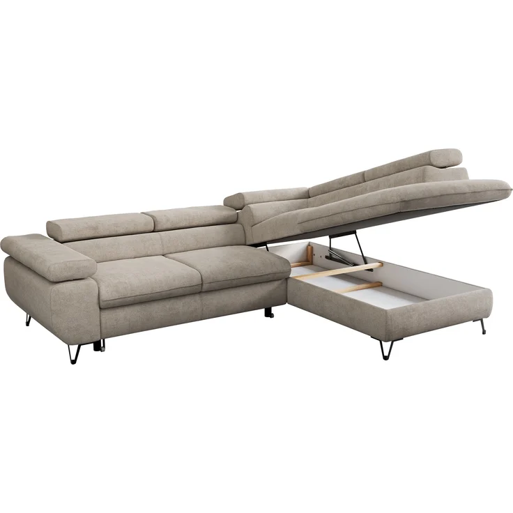 Mks Möbel 'Peter L-form' Ecksofa mit Bettfunktion, Bettkasten & einstellbaren Kopfstützen, Beige, Stoff, mit Topper, rechts – Bild 5