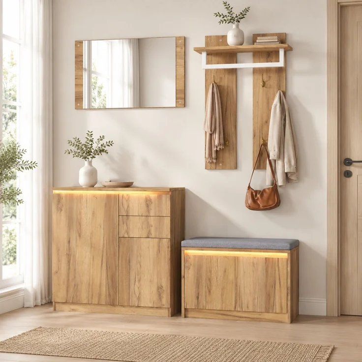 Garderoben-Set mit Spiegel, Schuhschrank und Sitzbank, 130x35x124,5 cm, Natur – Bild 2