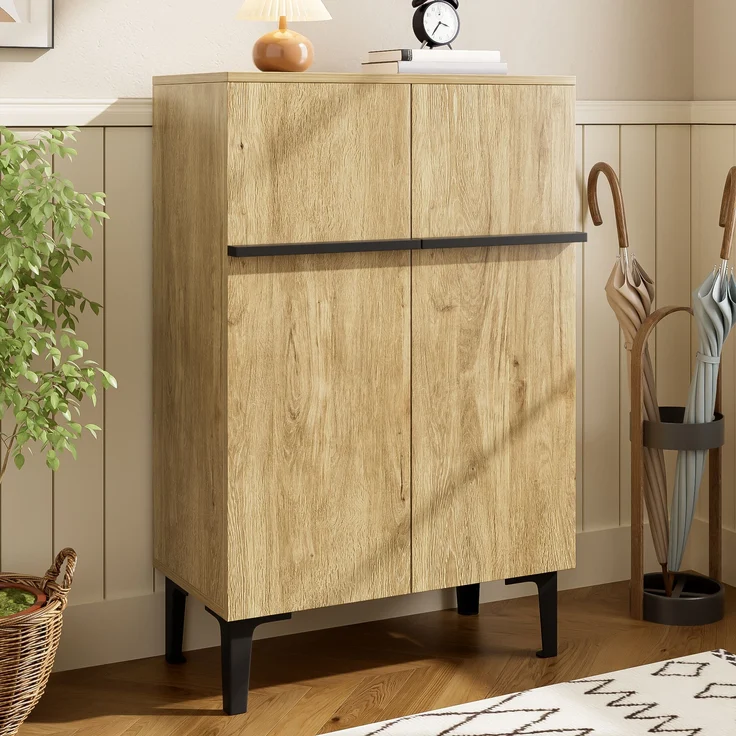 Schuhschrank, Holzoptik/Schwarz mit Doppeltüren & verstellbaren Einlegeböden, 60x34,5x95 cm – Bild 2