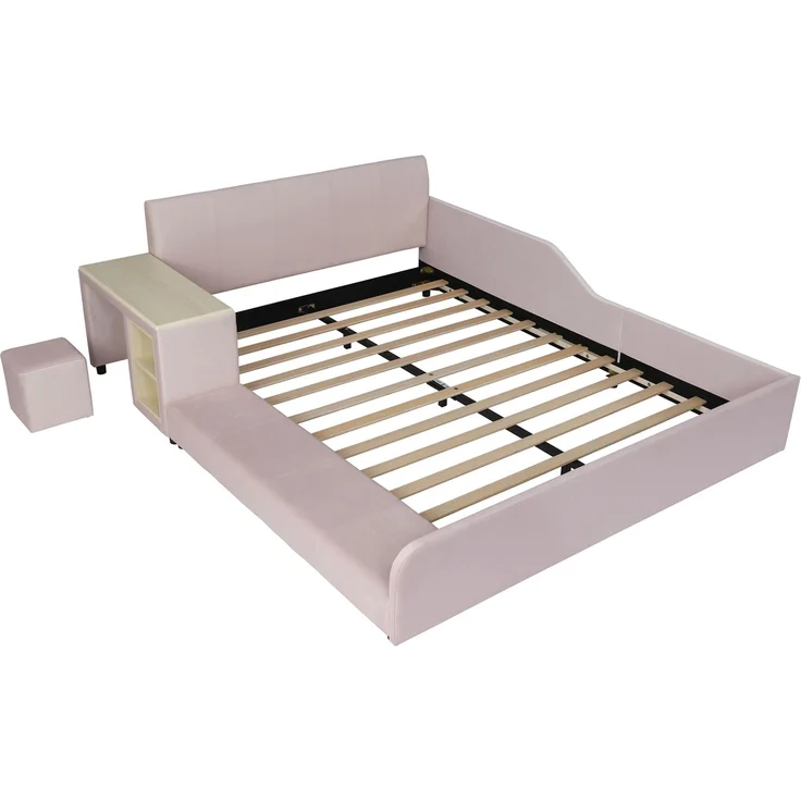 Kinder-Polsterbett, Samt mit Schreibtisch, Hocker & Ablageboden, 140x200 cm, Rosa, ohne Matratze – Bild 9
