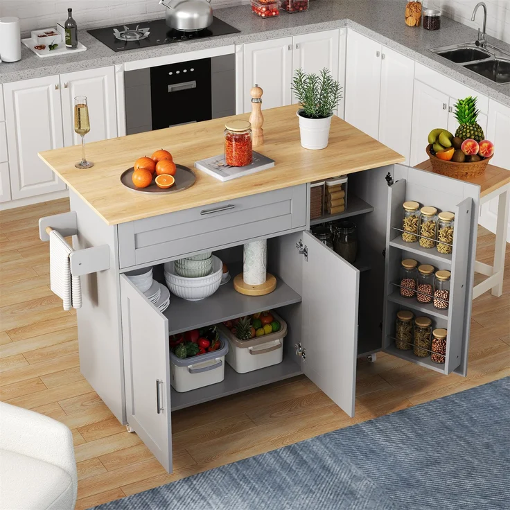 L132.5*B44(70)*H90cm großer mobiler Küchentisch, Arbeitsplatte klappbar, Eiche Maserung, multifunktionaler Schrank, Gewürzregal, Handtuchhalter, 5 Rollen, geeignet für Küche/Essen/Haus – Bild 1