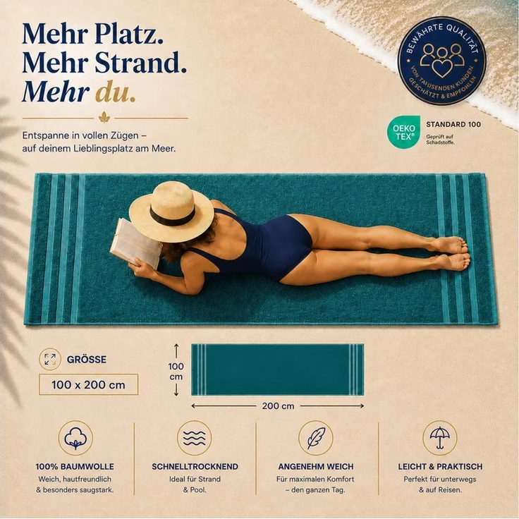 Komfortec Saunatuch 100x200 Extra Große XXL Premium Saunatuch, Unifarben (1-St), extra Große XXL, Schnelltrocknend, Frottee, Weich, Baumwolle – Bild 3