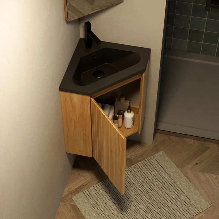 Eckwaschtisch H 52.4 x T 54.5 x B 38.5 cm mit Harzbecken und Holzunterschrank – Bild 8