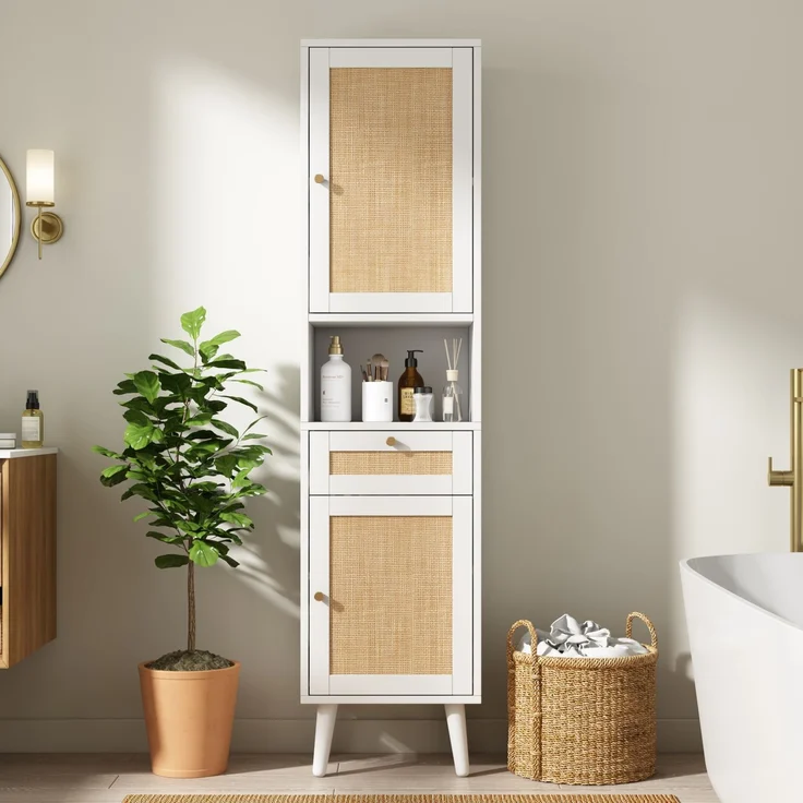 Flieks Badezimmer-Hochschrank 40x30x166 cm, Badschrank aus weißem MDF mit Rattan-Türen, Schublade, Soft-Close & wendbarer Montage – Bild 1