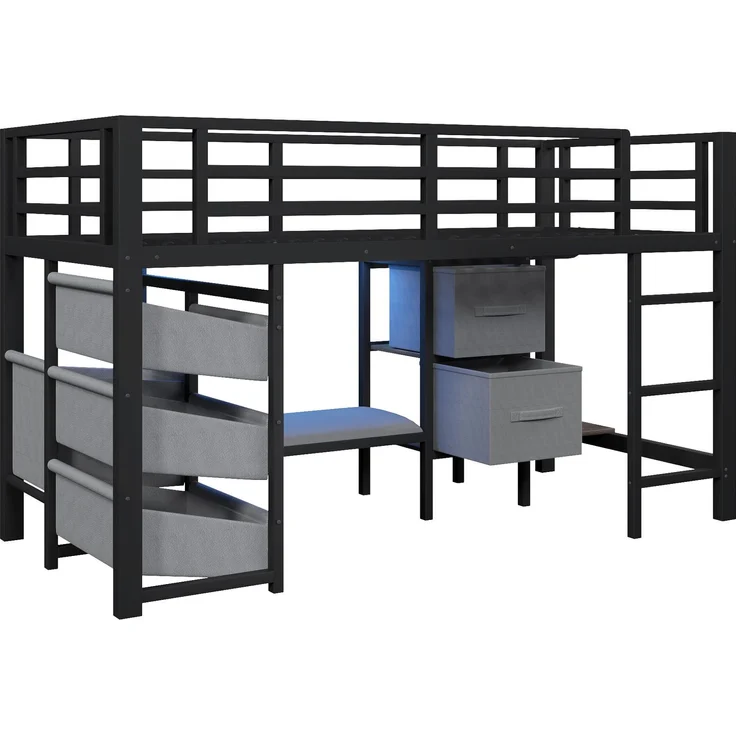 90*200 cm, Halbhohes Bett, mit Sitzkissen, Stoff-Stauraumschublade, Stoff-Stauraumtasche, mehrfarbiger LED-Beleuchtung, Kleiderhakenbereich, Metall, ohne Matratze, schwarz – Bild 8