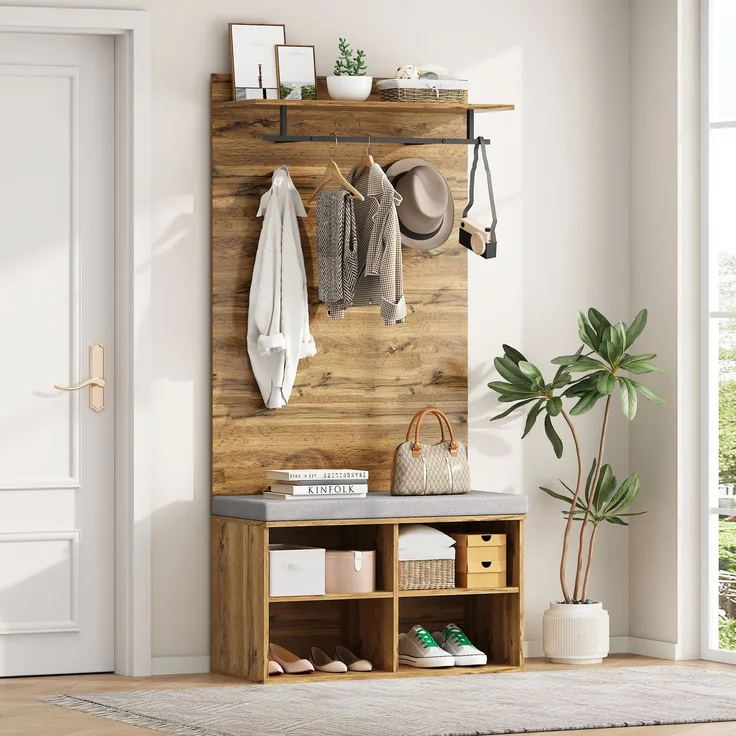 175 cm hohes Garderobenset in Holzoptik mit Schuhbank, verstellbarem Regal, Kleiderstange und Polster – 84 x 32 cm – Praktische Flurmöbel--Eiche--97.79x41.91x13.34cm--YOUDENOVA