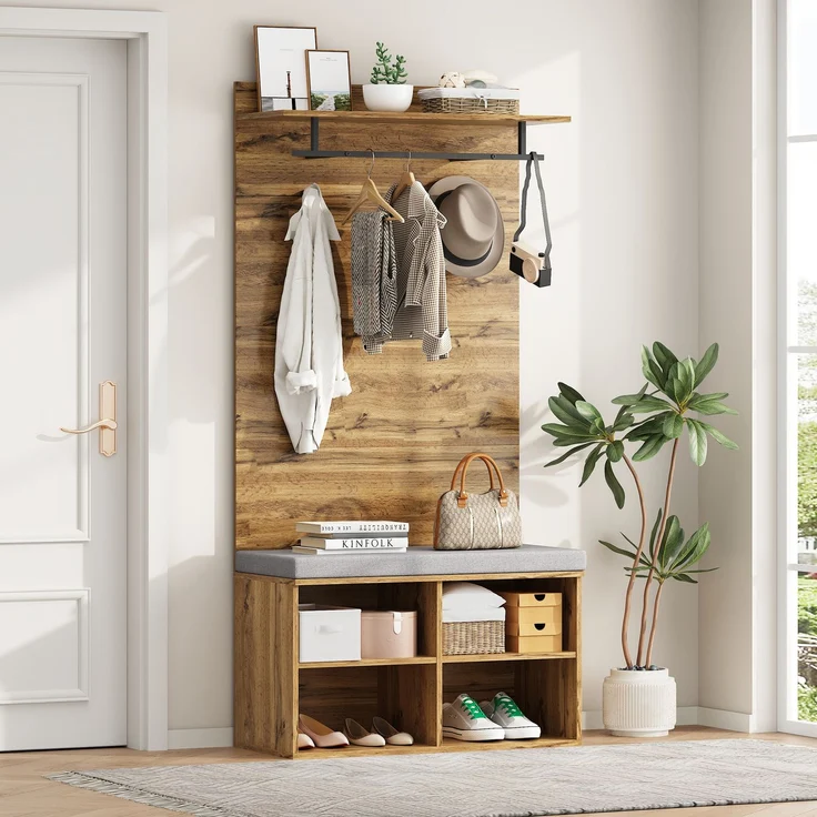 175 cm hohes Garderobenset in Holzoptik mit Schuhbank, verstellbarem Regal, Kleiderstange und Polster – 84 x 32 cm – Praktische Flurmöbel--Eiche--97.79x41.91x13.34cm--YOUDENOVA – Bild 1