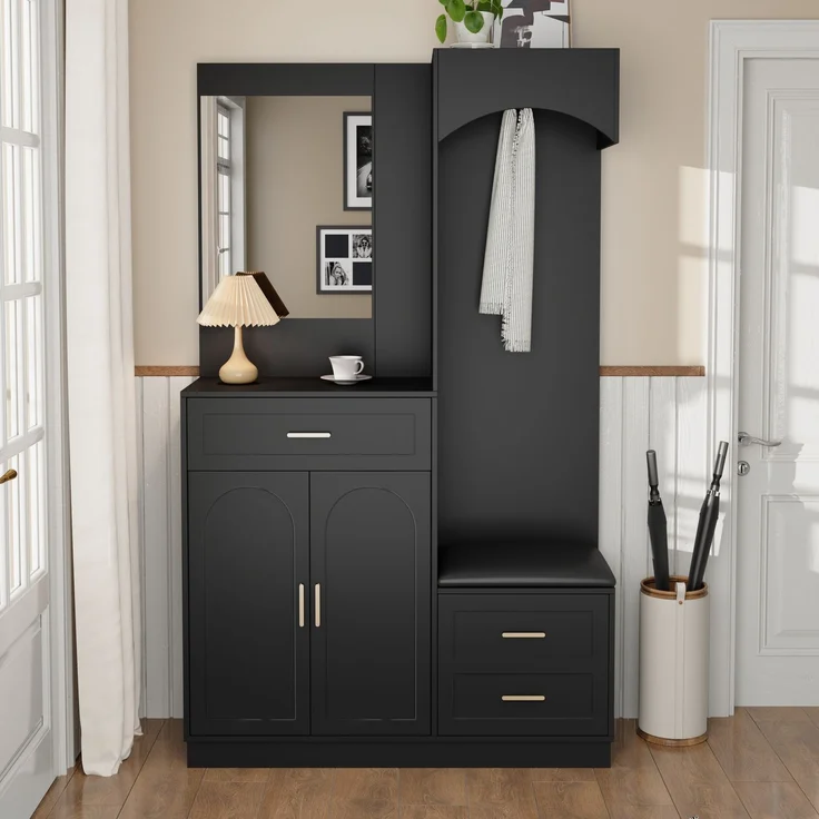 Moderne, Kompaktgarderoben,Garderobenschrank und Schuhschrankkombination, Eingangsschrank, multifunktionales Lagerregal mit Spiegel--Schwarz--110x33x185.5cm--YOUDENOVA – Bild 6