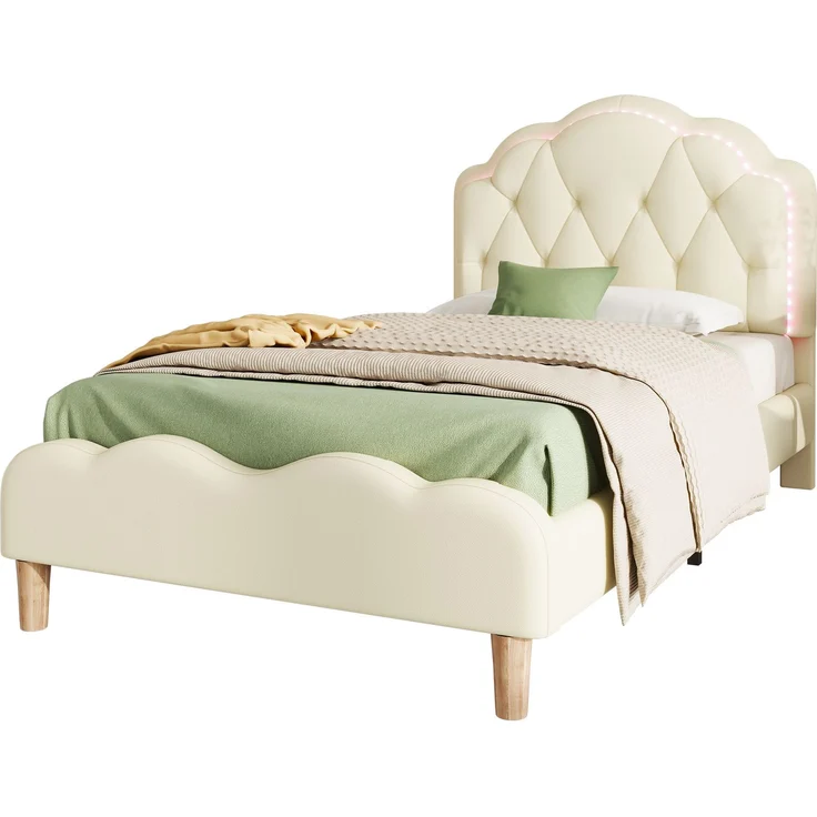 U-life Polsterbett 90x200 cm, Einzelbett und Kinderbett, mit wellenförmigem Kopfteil, LED-Lichtleiste und PU-Bezug, Beige – Bild 1