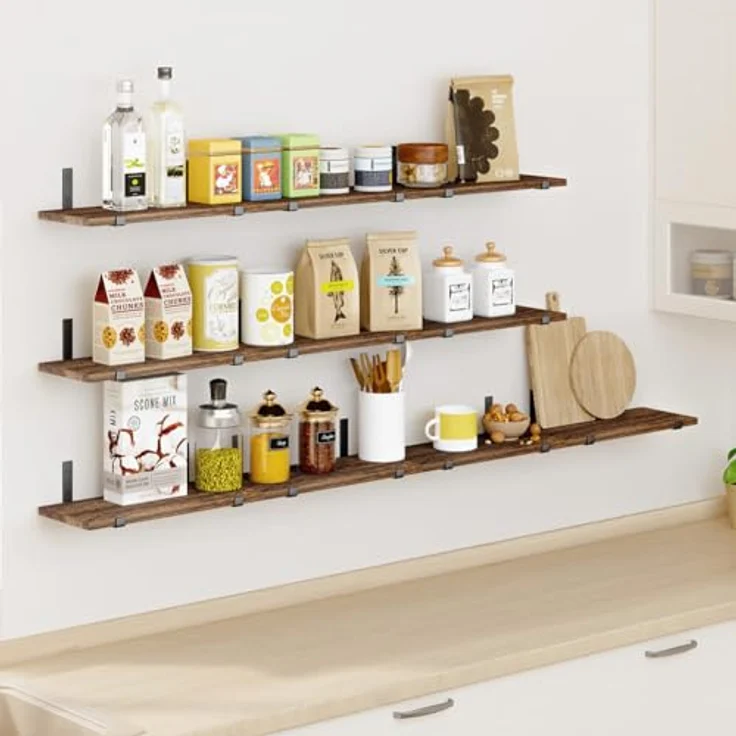 BAKAJI Set mit 10 schwimmenden Wandregalen aus Holz, Mehrzweck-Wandregal mit Metallhalterungen, ideal für Schlafzimmer, Wohnzimmer, Küche, Badezimmer, Bücherregal, platzsparend, 40 x 15 cm (Eiche) – Bild 5