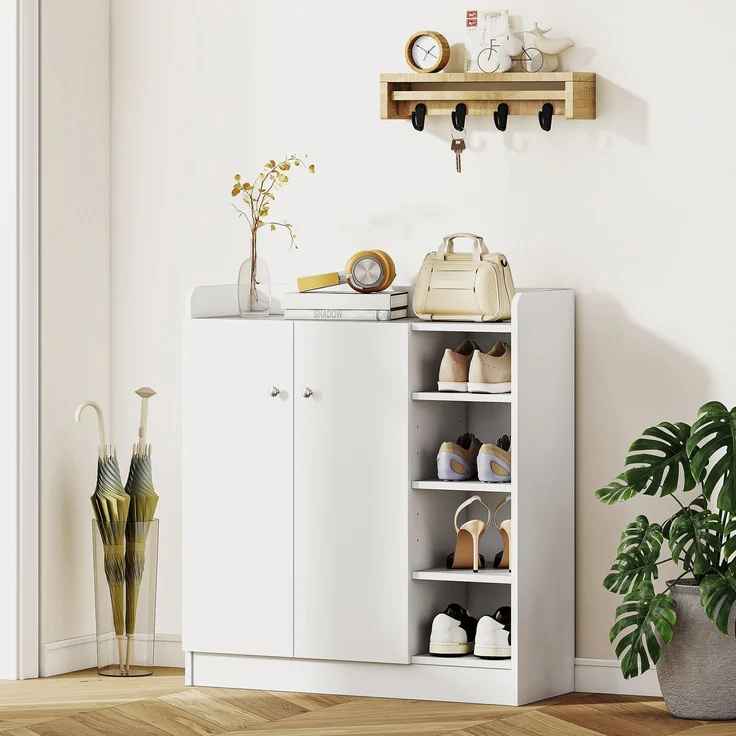 Schuhschrank für den Eingangsbereich für 12 Paar Schuhe – Schuhschrank mit 4 offenen Fächern und Doppeltürenschrank – verstellbares Regal – 83 L x 30 B x 90 H cm – weiß – Bild 9