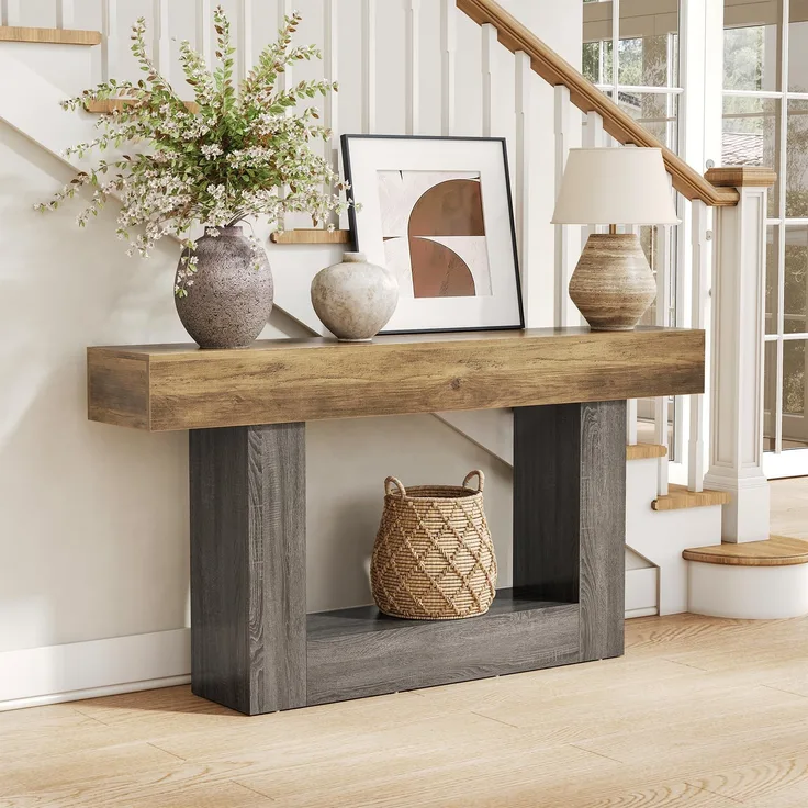 LITTLE TREE Konsolentisch, 160 cm lang, 2-stöckig, Bauernhaus-Sofatisch hinter der Couch, großer schmaler Eingangstisch für Wohnzimmer, Flur, Foyertisch aus Holz mit robuster Basis, rustikales Braun