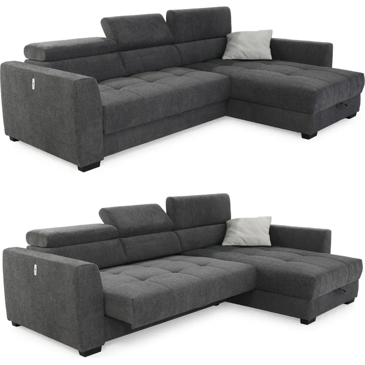 Ecksofa elektrisch ausfahrbar verstellbar Couch Kopflehne Bettkasten Dunkelgrau – Bild 1