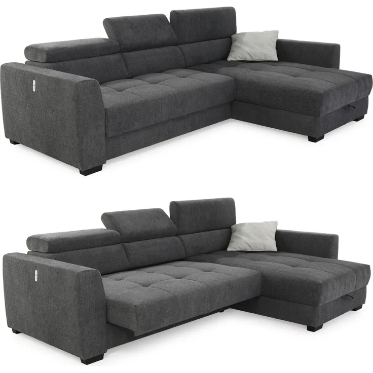 Ecksofa elektrisch ausfahrbar verstellbar Couch Kopflehne Bettkasten Dunkelgrau