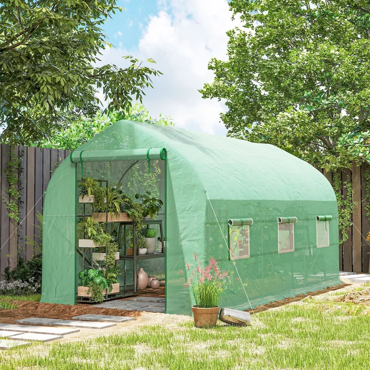 MELAYR, 8 m² großes Gartentunnelgewächshaus, Mit einer Tür und sechs Fenstern, PE-Folie (140 g/m²), Grün – Bild 4