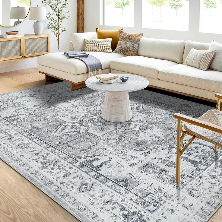 Boho Teppich 120x170 cm Waschbar Vintage Design Grau Weich Rutschfest – Bild 3