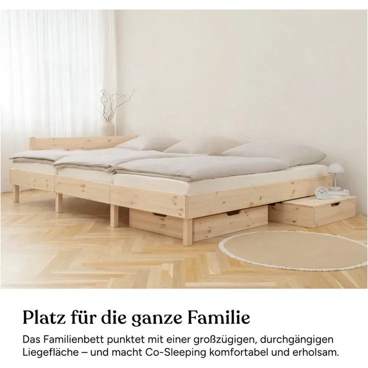Ehrenkind Holzbett Plano, Modulares Familienbett, FSC® Zertifiziert (Familienbett, 360x200 cm, aus massivem Kiefernholz, weiß lackiert, modular erweiterbar mit Zubehör und weiteren Plano Betten), 2‑in‑1 Höhe (Bodenbett oder Standard)