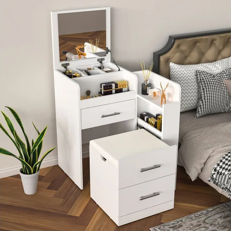 oyajia Schminktisch 3 in 1 Schminktisch mit Hocker, Klapp-Nachttisch, 5 Schubladen, Weiß (Aufklappbarer Spiegel Kosmetiktisch mit Schubladen, Fächern & Hocker), 60 x 42 x 80 cm Modern Schminktisch-Set fürs Schlafzimmer