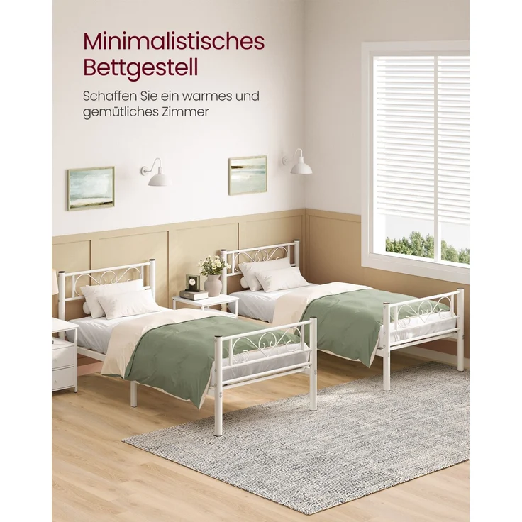 VASAGLE Bett 90 x 200 cm, Gästebett, Einzelbett aus Metall, Bettgestell, Bettrahmen, Metallbett, einfache Montage, Mattweiß – Bild 4