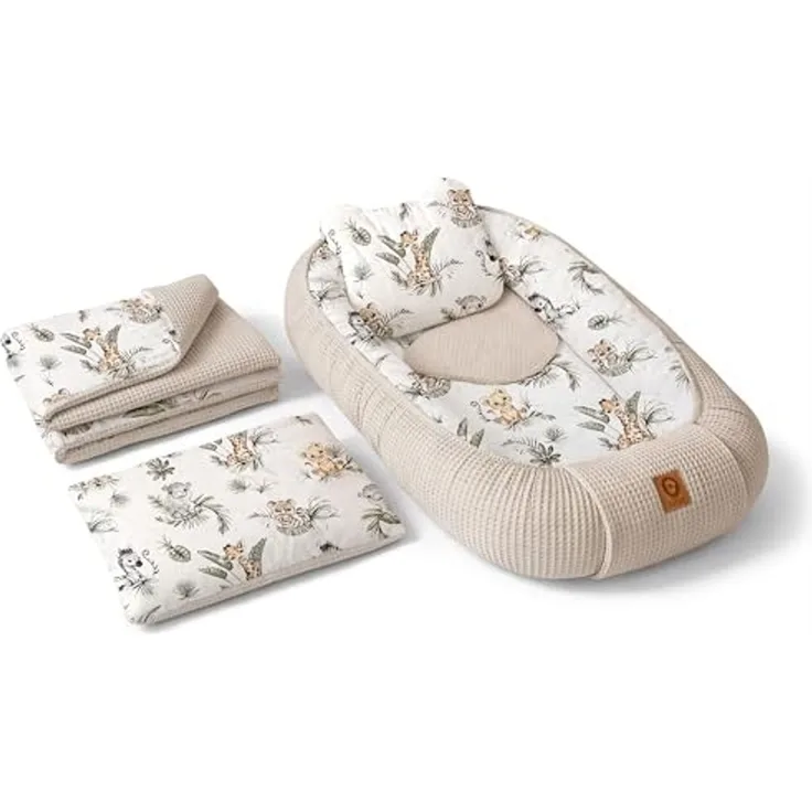 Babynest Nestchen Baby Set für Neugeborene – 5-teilig – Kuschelnest aus 100% Baumwolle & Waffelpique – Babykokon tragbar – für Babybett, Kinderbett & Kinderwagen – OEKO-TEX - Safari und Sand