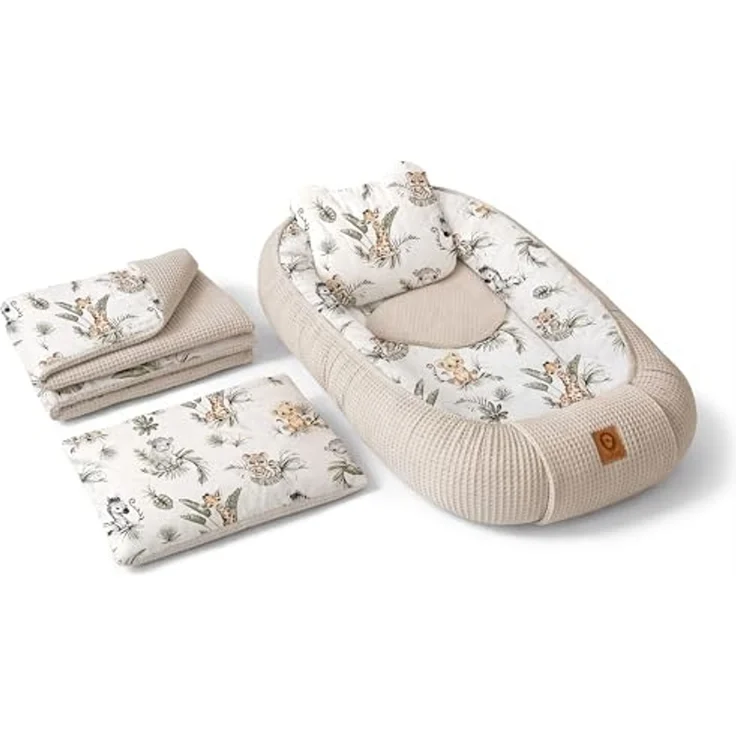 Babynest Nestchen Baby Set für Neugeborene – 5-teilig – Kuschelnest aus 100% Baumwolle & Waffelpique – Babykokon tragbar – für Babybett, Kinderbett & Kinderwagen – OEKO-TEX - Safari und Sand – Bild 1