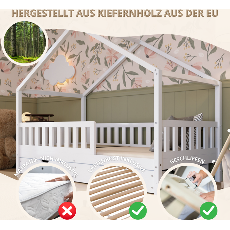 Crazy Pine 'Crazy House' Hausbett mit abnehmbaren Rausfallschutz, Naturholz, Weiß, 80x160 cm, mit Schubladen – Bild 4