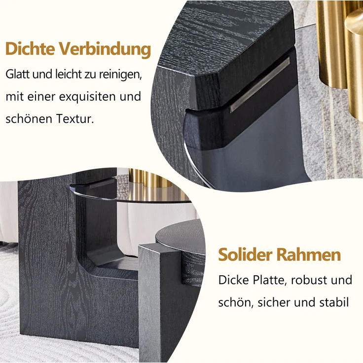 DESVIAE Couchtisch-Set 2-tlg. mit Sicherheitsglas, Ø61x30 cm, MDF in Schwarz Holzoptik – Bild 4