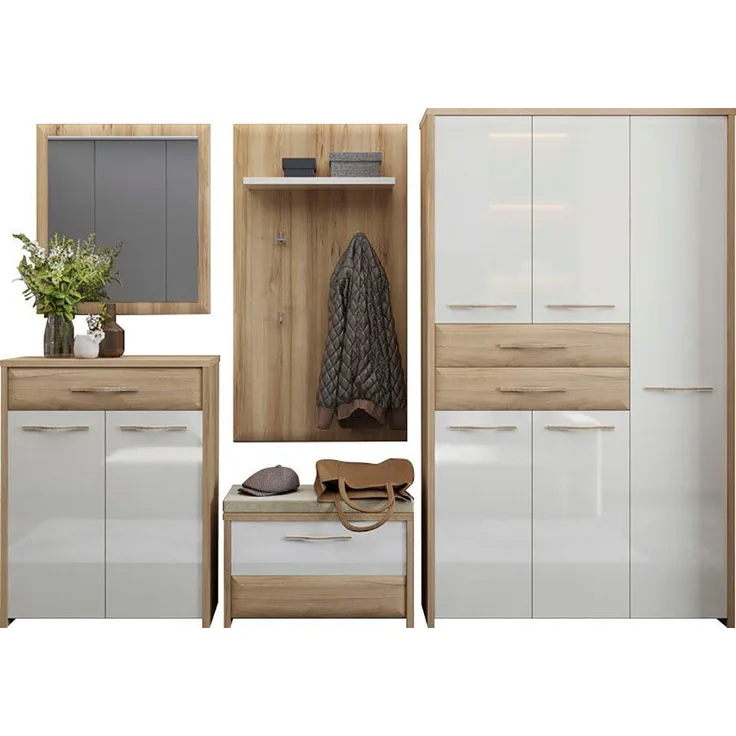 OTTO home Garderoben-Set Gala, (Set, 5-St, Garderobenschrank,Schuhschrank,Schuhbank,Garderobenpaneel,Wandspiegel), Soft-Close Funktion, Hochglanz UV lackiert