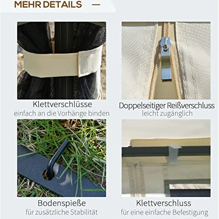 Outsunny Gartenpavillon mit Doppeldach, 4 abnehmbare Seitenwände, pulverbeschichteter Metallrahmen, Beige, 2,99 x 2,99 x 2,74 m – Bild 4