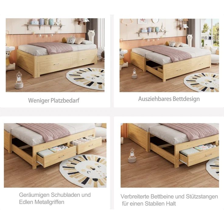 ZUBALIYA Tagesbett 90/180 × 190 cm, Holz, Ausziehbett, Schubladen, Lattenrost, Naturholz – Bild 4