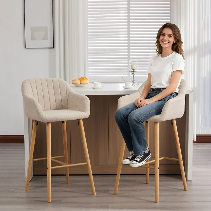 LVHOM Barhocker 2er Set, Barstühle mit Rückenlehnen und Armlehnen, Tresenhocker mit Holzbeinen, Tresenstuhl Stoff, Beige – Bild 8